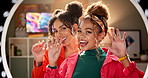 Ring light, face or happy women in house for social media, recording or content creation together. Blog, portrait or gen z beauty influencer friends live streaming makeup, review or cosmetic feedback