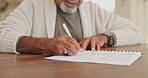 Hands, signature and senior man with paper, form or legal compliance for will or title deed in house closeup. Documents, pen and elderly male person with application for pensioner housing contract