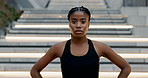 City, fitness and face of black woman after exercise with pride for wellness on street in morning. Training, challenge and calm runner outdoor with commitment for healthy workout and progress
