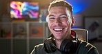 Happy, video game and face of man for gaming entertainment, online games and development. Gamer, programming and portrait of person with headphones for virtual media, streaming and competition