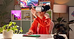 Touch, virtual reality and woman with headset for cyber world, metaverse and online user interface. Night, digital transformation and person with futuristic technology for AI, software and internet