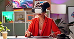 VR goggles, woman and touchpad with virtual drawing and 3d testing of digital software worker. Creative, futuristic and professional at augmented reality company with technology and online art