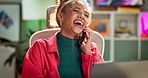Happy woman, laughing and laptop with phone call for communication, conversation or networking at home. Young female person with smile on mobile smartphone for fun or friendly discussion at the house