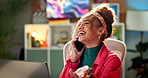 Happy woman, laughing and laptop with phone call for conversation, communication or networking at home. Young female person with smile on mobile smartphone for fun or friendly discussion at the house