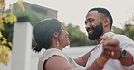Happy couple, dancing and hug with love for anniversary, date or valentines day in nature or backyard. Young man and woman with smile for outdoor bonding, care or support in embrace or relationship