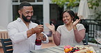 Happy couple, wine and celebration with date for anniversary, valentines day or alcohol at outdoor cafe. Man and woman with smile, applause and popping cork for special occasion outside restaurant