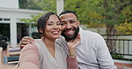 Happy couple, embrace and selfie with love at outdoor cafe for date, memory or bonding together. Portrait of young man and woman with smile or hug in photography, picture or moment outside restaurant