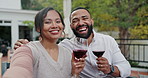 Happy couple, wine glass and selfie with date for anniversary, memory or love together at outdoor cafe. Portrait of man and woman with smile for photography, moment or alcohol tasting at restaurant