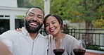 Happy couple, wine glass and selfie with date at outdoor cafe for anniversary, memory or love together. Portrait of man and woman with smile for photography, moment or alcohol tasting at restaurant