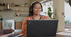 Woman, consultant and video call with laptop or headphones in remote work for online advice or finance. Young female person, freelancer or agent consulting for service or support on computer at home