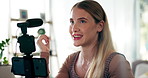 Woman, microphone and podcast with phone, live stream and talk to audience on internet in home living room. Girl, presenter and influencer with smile for vlog, discussion and ideas on social network