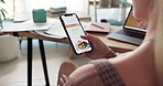 Hands, phone screen and fast food in home for girl with scroll, choice and search for deal on mobile app. Hungry woman, smartphone and ux for hamburger, lunch and online shopping in lounge at house