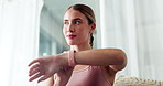 Smart watch, fitness and woman in home for exercise, training and workout in morning. Sports, runner and happy person check time or tracking heart rate for health, wellness and performance in house