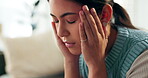 Woman, headache and temple pain in home or mental health struggle with stress fatigue, brain fog or migraine. Female person, hands and vertigo anxiety in lounge or depression, burnout or overworked