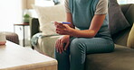 Woman, pregnancy test and waiting results in home with anxiety or ivf infertility, stress or living room. Female person, hands and stick in lounge or scared problem for mistake, ovulation or nervous