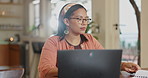 Woman, computer and work from home documents for planning, research and creative project. Young freelancer, editor or writer typing on her laptop with paperwork, editing and report or information