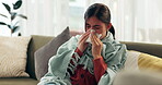 Woman, tissue and blowing nose for flu virus or sneezing disease with blanket, allergy or illness. Female person, sick and sofa in home for bacteria problem in lounge with fatigue, sinus or influenza