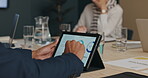 Hands, meeting and tablet with screen for data analytics, planning and research for business proposal. Technology, graph and team of people in discussion, ideas and analysis for corporate project
