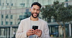Phone, search and happy businessman walking in a city with social media, scroll or web chat outdoor. Smartphone, travel and entrepreneur outside with app research, email or b2b client communication