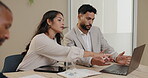 Business people, teamwork and thinking on computer for strategy, brainstorming and advice in meeting. Professional accountant, auditor or employees on laptop for ideas, decision or solution in office