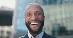 Black business man, face and smile in street for confidence, pride or career by office buildings. African person, corporate employee and outdoor on metro sidewalk for commute, travel or happy in city