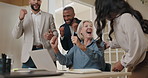 Business people, laptop and celebration of success, winning and news, results or startup sales. Excited group, boss or senior woman yes, clapping and high five for email, target and bonus on computer