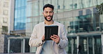 Tablet, search and happy businessman walking in city with social media, scroll or web chat outdoor. Digital, travel and male entrepreneur outside with app research, email or b2b client communication