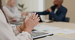 Hands, closeup and business people with applause in meeting for deal, agreement and success at startup. Men, women and happy with handshake for proposal, negotiation and achievement in modern office