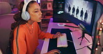 Computer, gamer and woman with headphones in neon home for online competition on keyboard. Pc, esports and person on desktop monitor on internet for live streaming video, lights and serious on screen