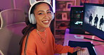 Woman, keyboard and computer for video games, online streaming influencer for esports competition in home. Internet, content creator and gen z streamer with happy female person or excited gamer