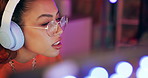 Home, gamer and woman with headphones, lights and connection with virtual meeting and online competition. Person, professional and girl with headset and speaking with  neon decorations and playing
