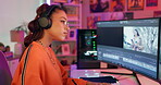 Monitor, headphones or woman with computer for content development, editing or video streaming at home for creative career. Female person, gen z girl or multimedia manager with remote work in bedroom