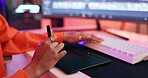 Desktop, hand and woman with drawing tablet for graphic design, editing and digital art in office. Closeup, female person and designer with technology for creative process, planning and project