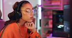 Girl, producer and computer with headphones in home for sound or mixing music, beats and listening. Female dj or artist with technology for record or playlist, musician and online entertainment.