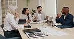 Business people, discussion and meeting for project strategy, workshop ideas with feedback and information. Male speaker, team listening and research for corporate job,  planning and communication