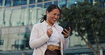 Happy woman, business and winning with phone in city for good news, celebration or surprise. Excited asian, female person or employee with smile on mobile smartphone for promotion in an urban town