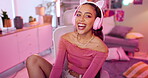 Content creator, streamer and black woman with headphones for communication, happiness and talking with followers. Neon lights, smile and female person for influencer, broadcast or live streaming
