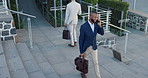 Businessman, walking and phone call with suitcase for travel, work trip or outdoor opportunity. Man or employee talking on mobile smartphone for business discussion or conversation in an urban town