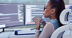 Woman, computer screen and software development for programmer research or coding, coffee or cyber security. Female person, technology and online system with database website, information or password