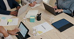Hands, meeting and paperwork with tech for notes, planning with research and business proposal. Laptop, tablet and team of people in discussion, strategy ideas and data analysis for corporate project