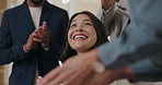 Business people, celebration and clapping hands for support, congratulations and achievement in meeting. Happy woman or accountant with praise, applause and winning or news of job promotion or sales