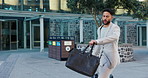 Watch, running late and luggage of business man in city with schedule and employee going to law firm meeting. Travel, professional and bag of attorney with briefcase and hurry with urban commute