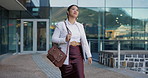 Japanese business woman, walking and street by office buildings with thinking, direction and bag in city. Person, outdoor and search for location with idea, memory or vision for career on metro road