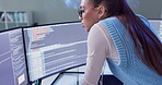 Woman, computer or focus on coding, it or question of security, web or glitch in digital software. Corporate, female hacker or screen in metaverse, business or data as nft, server or tech programming