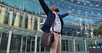 Business man, freedom and excited in city for travel, opportunity and celebration outdoor. Professional African winner, lawyer or worker by urban building with wow, hands and arms up for gratitude