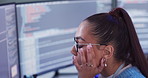 Office, woman and headache in computer with coding as data analyst for programming or digital transformation. Worker, programmer and pc to analyze statistics, information and technology development
