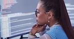 Office, woman and employee in computer with coding as data analyst for programming or digital transformation. Worker, programmer and pc to analyze statistics, information and technology development
