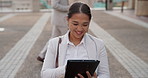Asian woman, business and browsing with tablet in city for research, social media or outdoor networking. Female person or employee with smile on technology for online search, web or internet in town