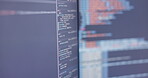 Closeup, code or screen in software, development or it by cybersecurity, data or digital glitch. Tech, computer or programming of nft, cloud computing or app in blockchain, analytics or password