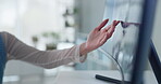 Closeup, desktop and businesswoman with pointing at screen for support, help or advice in office. Web design, research and creative person with gesture for idea, planning or brainstorming for project